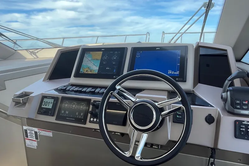  Yacht Photos Pics Helm of 2026 Galeon 400 Fly yacht with advanced navigation displays and controls.