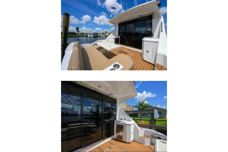  Yacht Photos Pics 2015 Cruisers Cantius yacht with spacious deck and modern amenities, docked under blue skies.