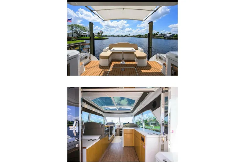 Yacht Photos Pics 2015 Cruisers Cantius yacht interior and deck with scenic waterfront views.