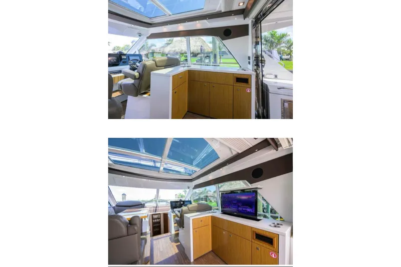  Yacht Photos Pics 2015 Cruisers Cantius yacht interior with modern helm, seating, and entertainment area under skylight.
