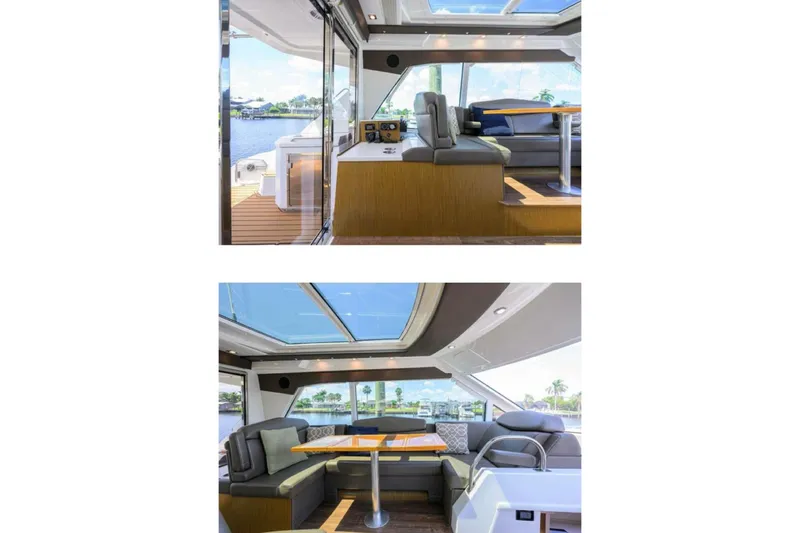  Yacht Photos Pics 2015 Cruisers Cantius yacht interior with modern seating and panoramic windows.