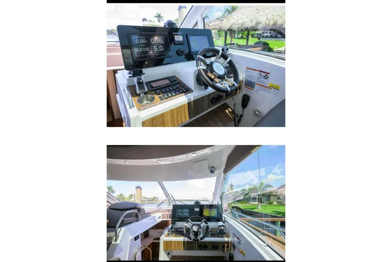  Yacht Photos Pics 2015 Cruisers Cantius yacht helm with modern controls and navigation displays.
