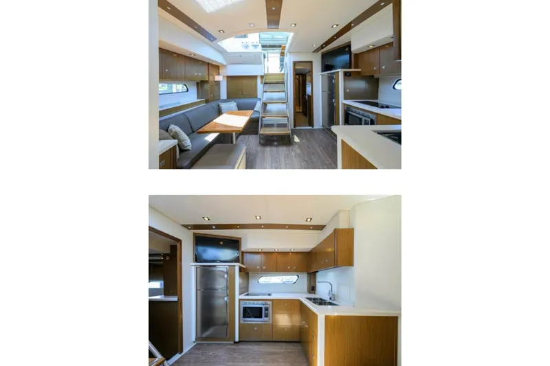  Yacht Photos Pics 2015 Cruisers Cantius yacht interior with modern kitchen and spacious seating area.