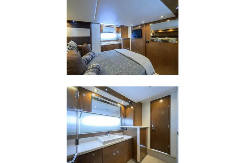  Yacht Photos Pics Luxurious 2015 Cruisers Cantius yacht interior with elegant bedroom and modern bathroom design.