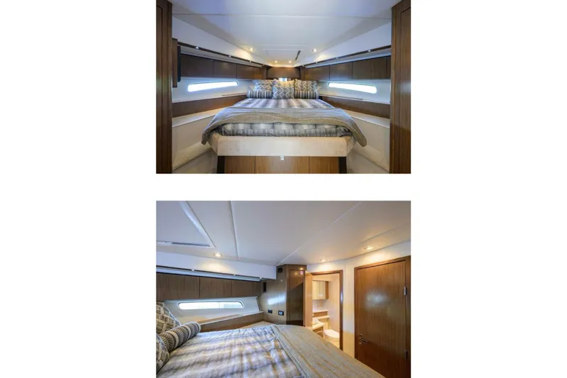  Yacht Photos Pics Luxurious 2015 Cruisers Cantius yacht bedroom with modern wood finishes and cozy bedding.
