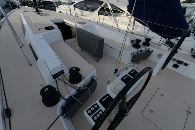  Yacht Photos Pics Cockpit view of 2019 Solaris 50 yacht with dual steering wheels and winches.