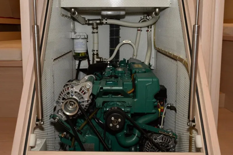  Yacht Photos Pics Engine compartment of a 2019 Solaris 50 yacht, showcasing detailed mechanical components.