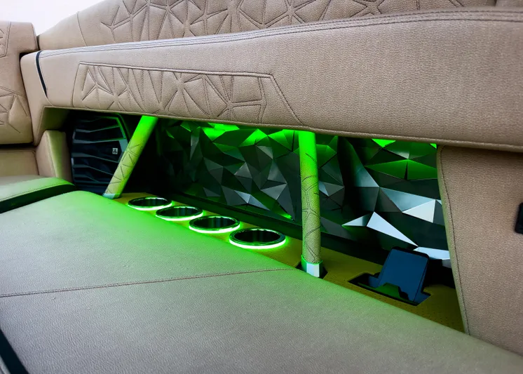  Yacht Photos Pics 2026 Nautique Paragon G25 interior with green LED lighting and geometric design.