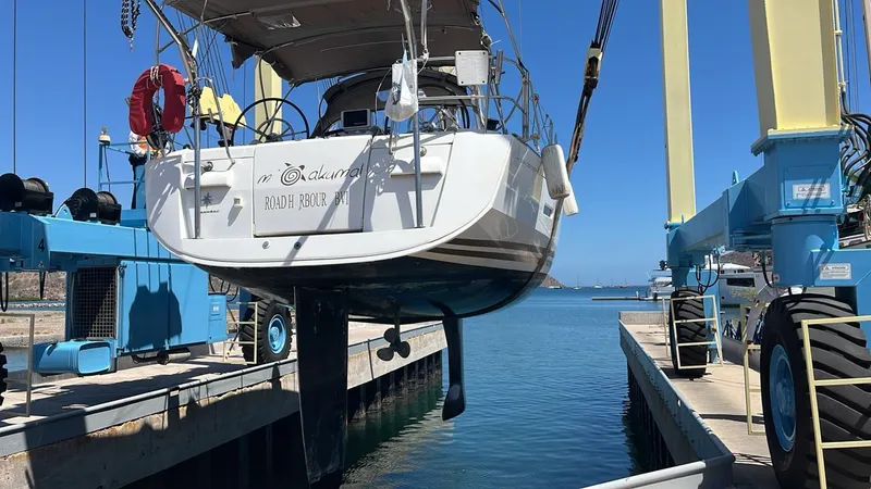 Mi Akumal Yacht Photos Pics Jeanneau Sun Odyssey 40.3 sailboat in dry dock, 2011 model, lifted for maintenance.