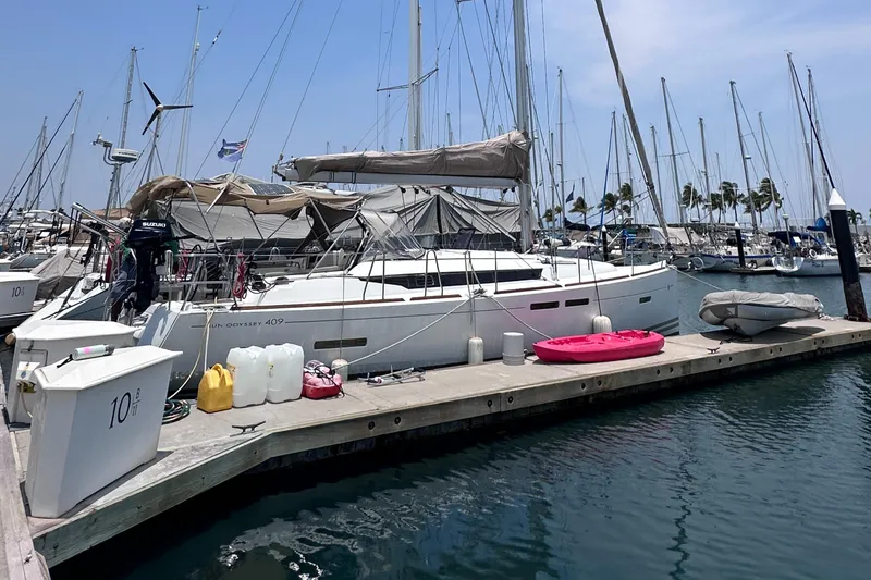 Mi Akumal Yacht Photos Pics Jeanneau Sun Odyssey 40.3 sailboat docked at marina, 2011 model.