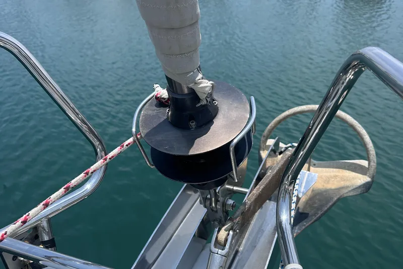 Mi Akumal Yacht Photos Pics Bow of Jeanneau Sun Odyssey 40.3 sailboat, featuring anchor and furler, 2011 model.