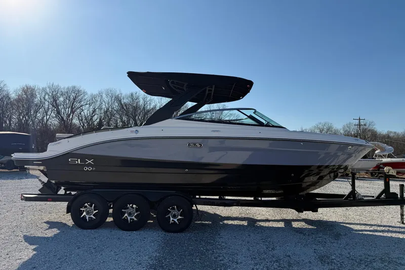  Yacht Photos Pics 2026 Sea Ray SLX 280 boat on trailer, side view, outdoors.