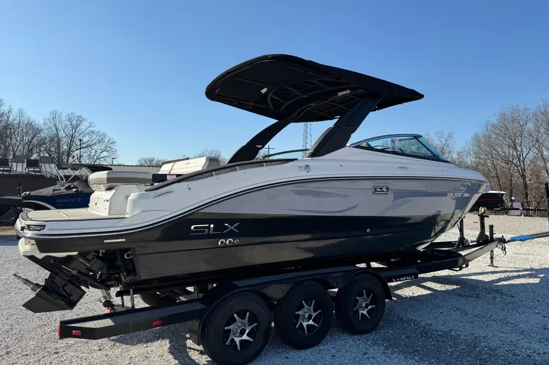  Yacht Photos Pics 2026 Sea Ray SLX 280 boat on trailer, sleek design, outdoor display.