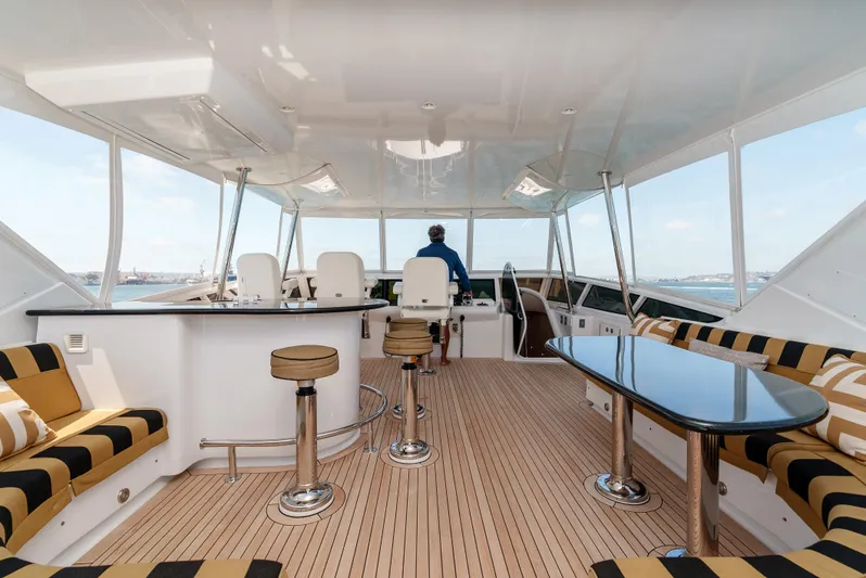 Miss Sealaneous Expense II Yacht Photos Pics 2008 Hatteras 72 Motor Yacht interior with seating, table, and helm station.