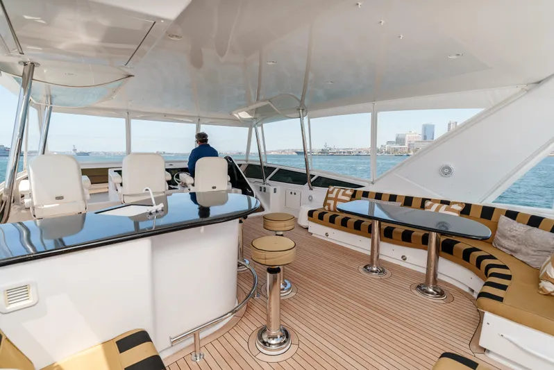 Miss Sealaneous Expense II Yacht Photos Pics Luxurious 2008 Hatteras 72 Motor Yacht deck with seating and ocean view.