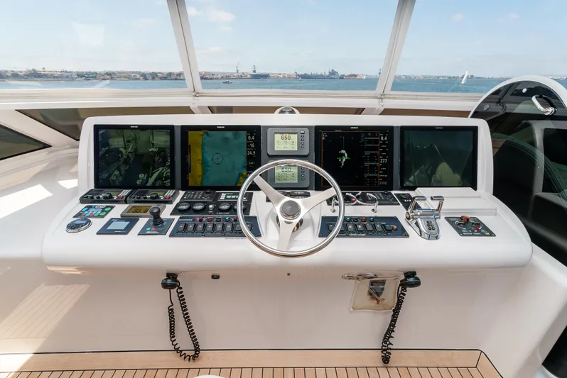 Miss Sealaneous Expense II Yacht Photos Pics Helm of 2008 Hatteras 72 Motor Yacht with advanced navigation controls and ocean view.