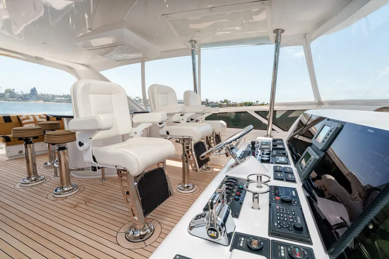 Miss Sealaneous Expense II Yacht Photos Pics 2008 Hatteras 72 Motor Yacht helm with modern controls and luxurious seating.