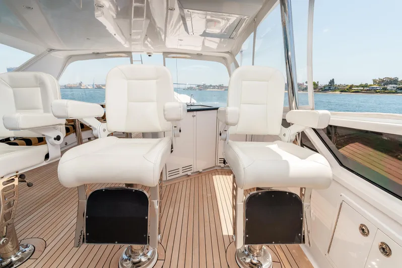 Miss Sealaneous Expense II Yacht Photos Pics Luxurious 2008 Hatteras 72 Motor Yacht helm with white leather seats and scenic water view.