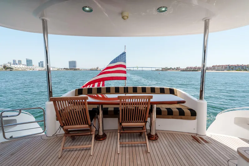 Miss Sealaneous Expense II Yacht Photos Pics 2008 Hatteras 72 Motor Yacht deck with seating, American flag, and ocean view.