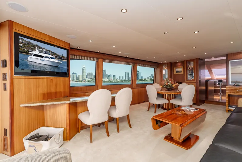 Miss Sealaneous Expense II Yacht Photos Pics Luxurious interior of 2008 Hatteras 72 Motor Yacht with elegant seating and large windows.