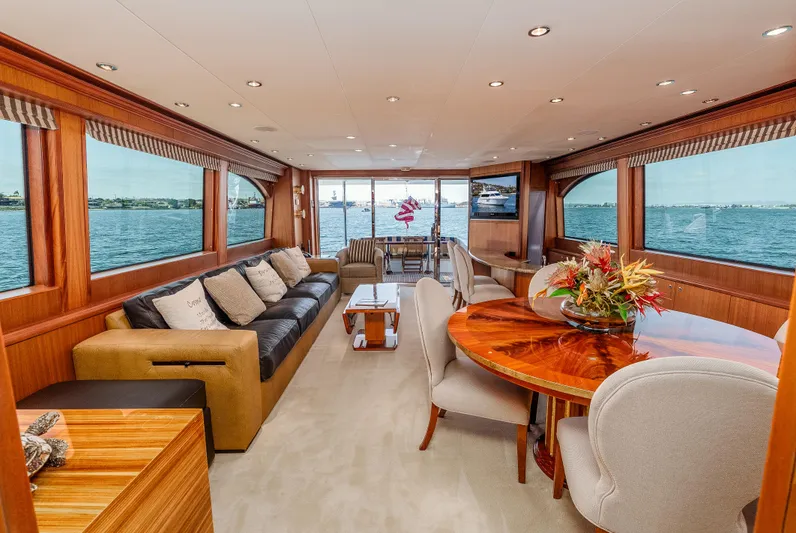 Miss Sealaneous Expense II Yacht Photos Pics Luxurious interior of 2008 Hatteras 72 Motor Yacht with elegant seating and dining area.