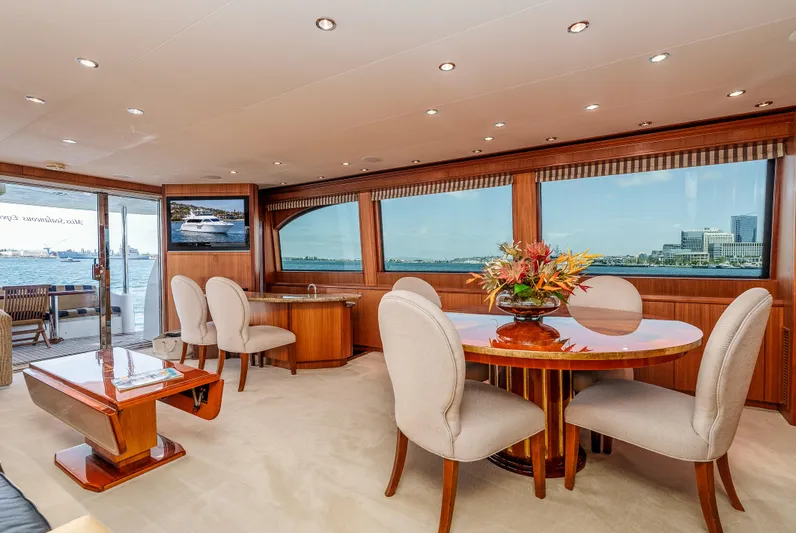 Miss Sealaneous Expense II Yacht Photos Pics Luxurious interior of 2008 Hatteras 72 Motor Yacht with elegant dining area and scenic views.