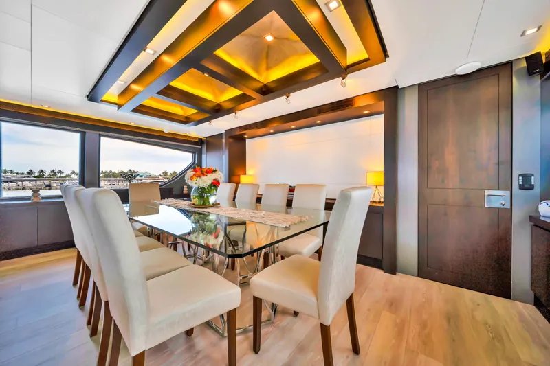  Yacht Photos Pics Luxurious dining area on 2012 Azimut 116 yacht with elegant decor and modern lighting.