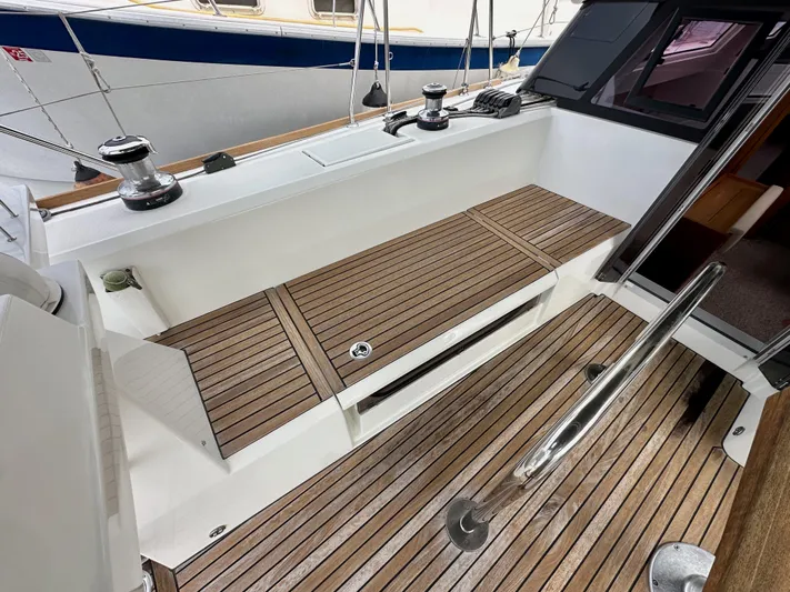 Doc Holiday Yacht Photos Pics Beneteau Sense 43 yacht cockpit with teak flooring and winches, 2012 model.