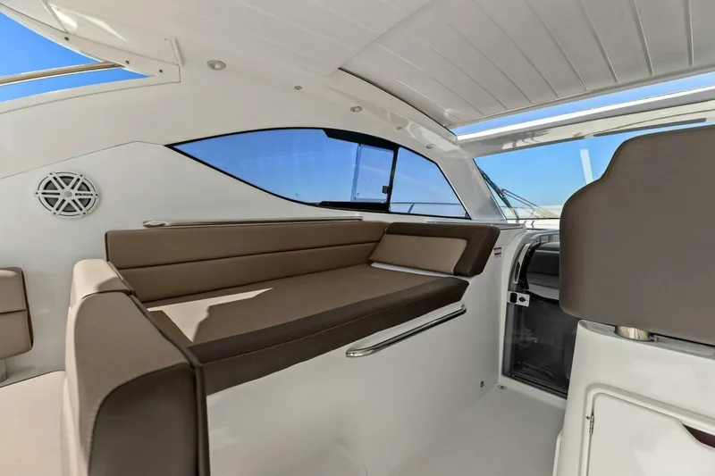 Board Room Yacht Photos Pics Interior of 2017 Galeon 385 HTS yacht with sleek seating and modern design.