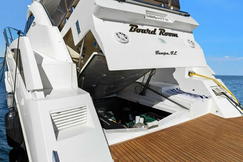 Board Room Yacht Photos Pics 2017 Galeon 385 HTS yacht with open engine compartment, docked in Tampa, FL.