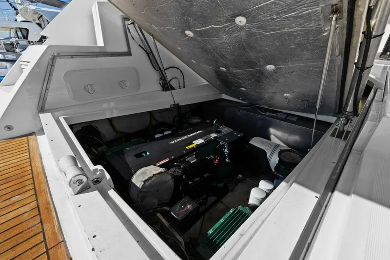 Board Room Yacht Photos Pics Engine compartment of 2017 Galeon 385 HTS yacht, showcasing mechanical components and design.