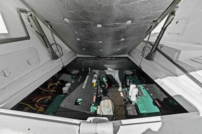 Board Room Yacht Photos Pics Engine compartment of 2017 Galeon 385 HTS yacht, showcasing Volvo Penta engines.