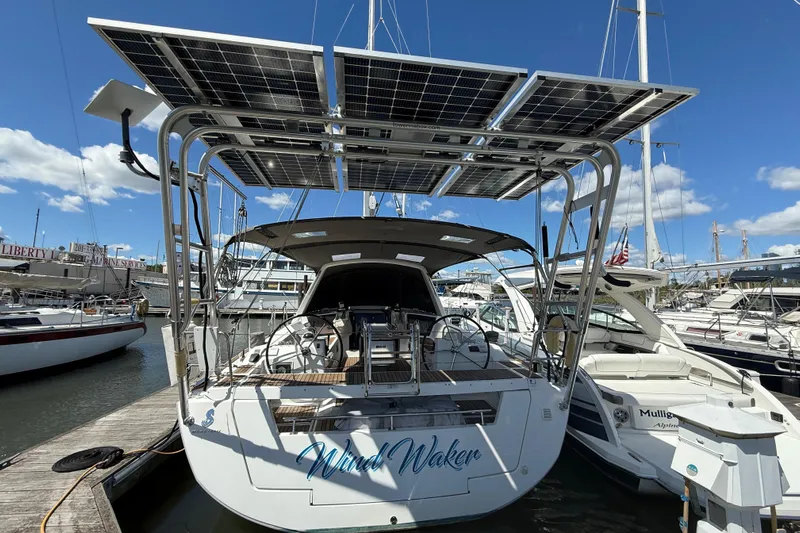 Wind Waker Yacht Photos Pics 2013 Beneteau Oceanis 41 sailboat with solar panels docked at marina.