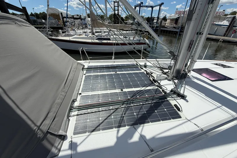 Wind Waker Yacht Photos Pics Solar panels on 2013 Beneteau Oceanis 41 sailboat deck at marina.