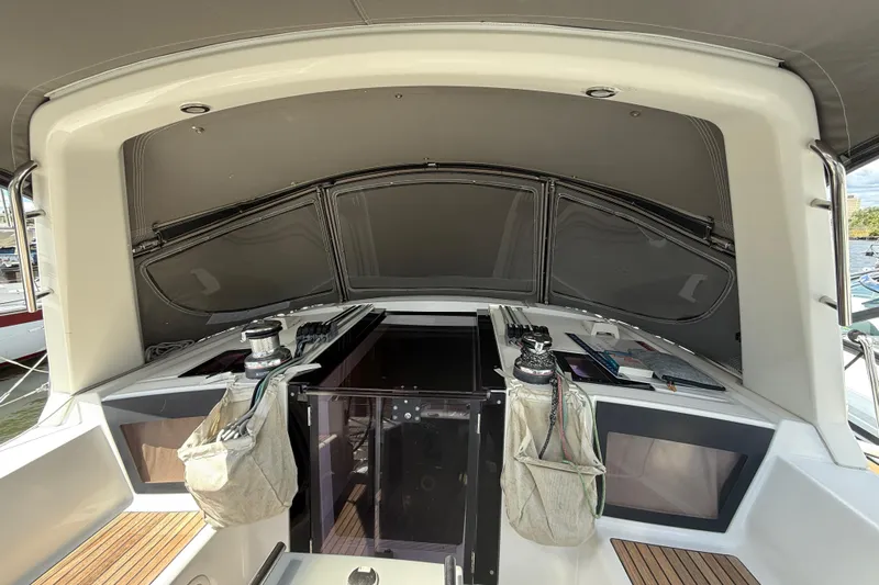 Wind Waker Yacht Photos Pics 2013 Beneteau Oceanis 41 yacht cockpit with winches and storage bags.