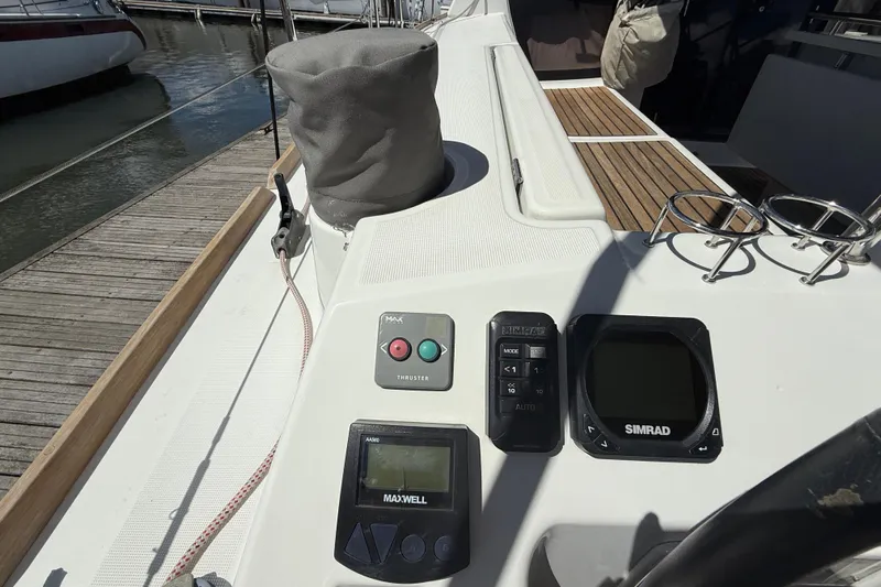 Wind Waker Yacht Photos Pics Control panel on a 2013 Beneteau Oceanis 41 sailboat, featuring Simrad and Maxwell equipment.