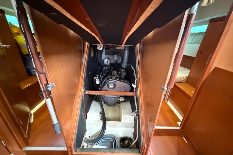 Wind Waker Yacht Photos Pics Engine compartment of 2013 Beneteau Oceanis 41 sailboat, showcasing Yanmar engine.