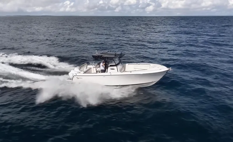  Yacht Photos Pics 2024 SeaWell 290CC boat cruising on open ocean under cloudy sky.