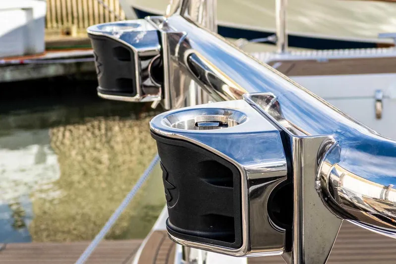  Yacht Photos Pics Stainless steel cup holders on 2024 Targa 30.1 boat railing, dockside view.