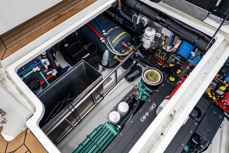  Yacht Photos Pics Engine compartment of 2024 Targa 30.1 boat, showcasing mechanical components and systems.