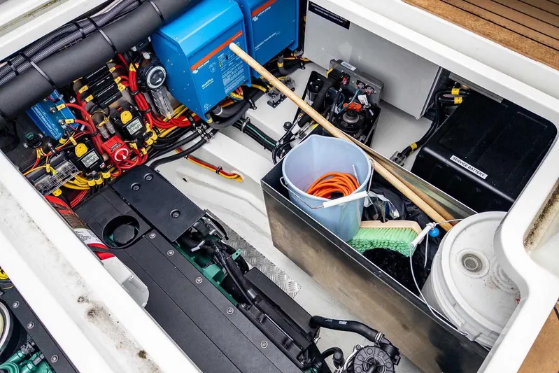  Yacht Photos Pics 2024 Targa 30.1 engine compartment with electrical systems and storage items.