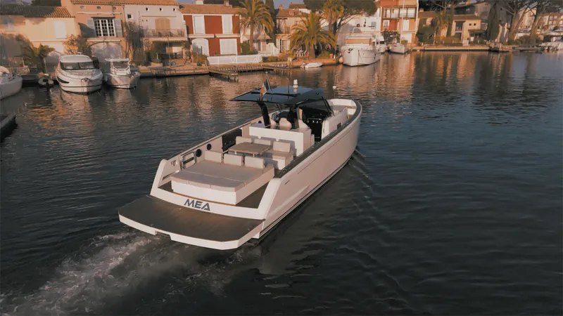 Mea Yacht Photos Pics 2022 Pardo Yachts 43 cruising in a scenic marina setting.