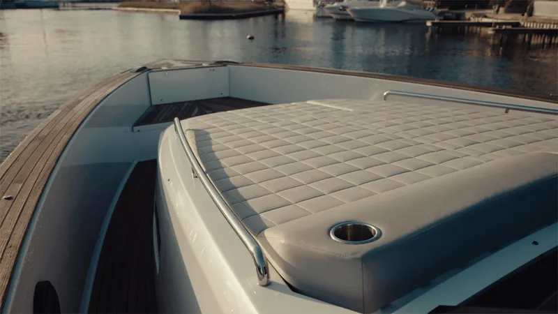 Mea Yacht Photos Pics 2022 Pardo Yachts 43 with cushioned deck, docked in serene marina.