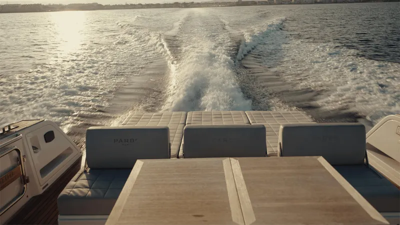 Mea Yacht Photos Pics Pardo Yachts 43 cruising on water, rear view, 2022 model.