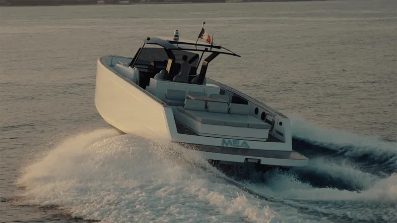 Mea Yacht Photos Pics 2022 Pardo Yachts 43 cruising on open water at sunset.