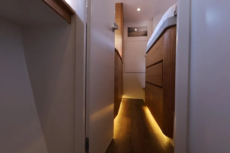 Lasai Yacht Photos Pics Modern yacht interior with wooden flooring and ambient lighting, Balance 442, 2023 model.