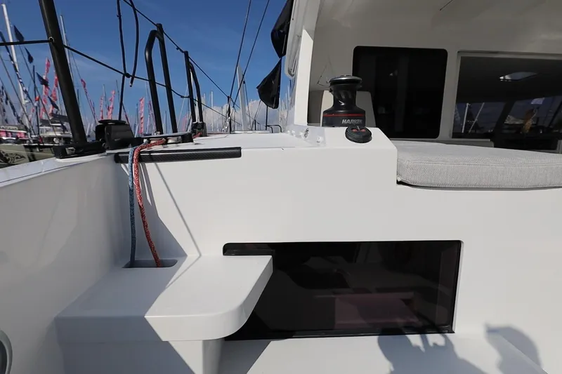 Lasai Yacht Photos Pics Modern Balance 442 yacht deck with winch and seating, 2023 model.