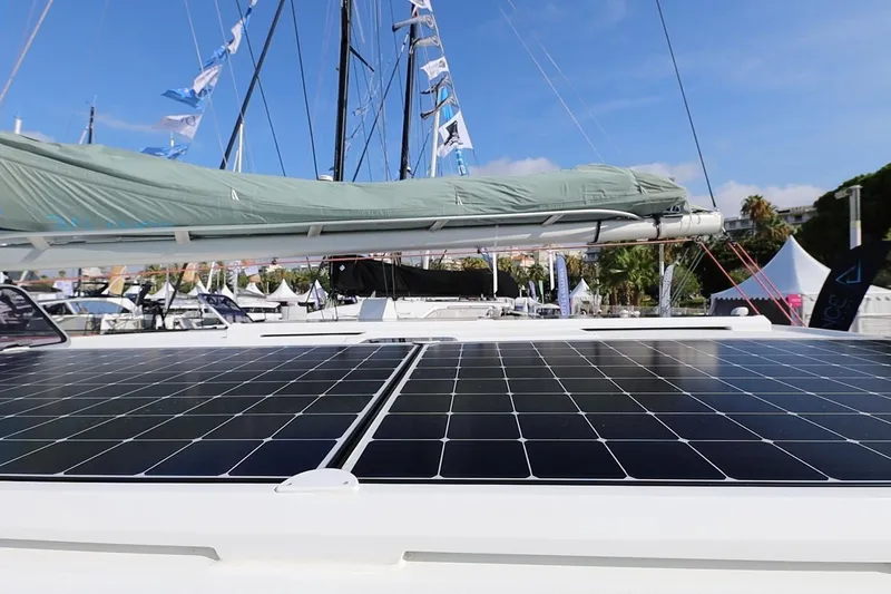 Lasai Yacht Photos Pics Sailboat Balance 442 (2023) with solar panels on deck, docked at marina.