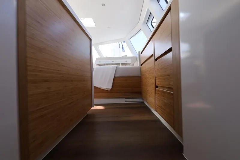 Lasai Yacht Photos Pics Modern yacht interior with wooden cabinetry, Balance 442 model, 2023.