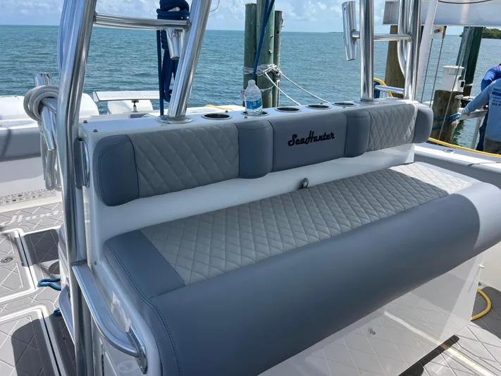  Yacht Photos Pics 2015 SeaHunter 41 Tournament boat with cushioned seating, ocean view in background.